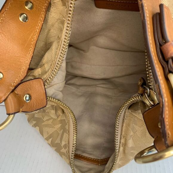 Michael Kors Canvas Hobo Shoulder Bag Tan MK Logo Gold Hardware Leather Trim - Picture 12 of 12